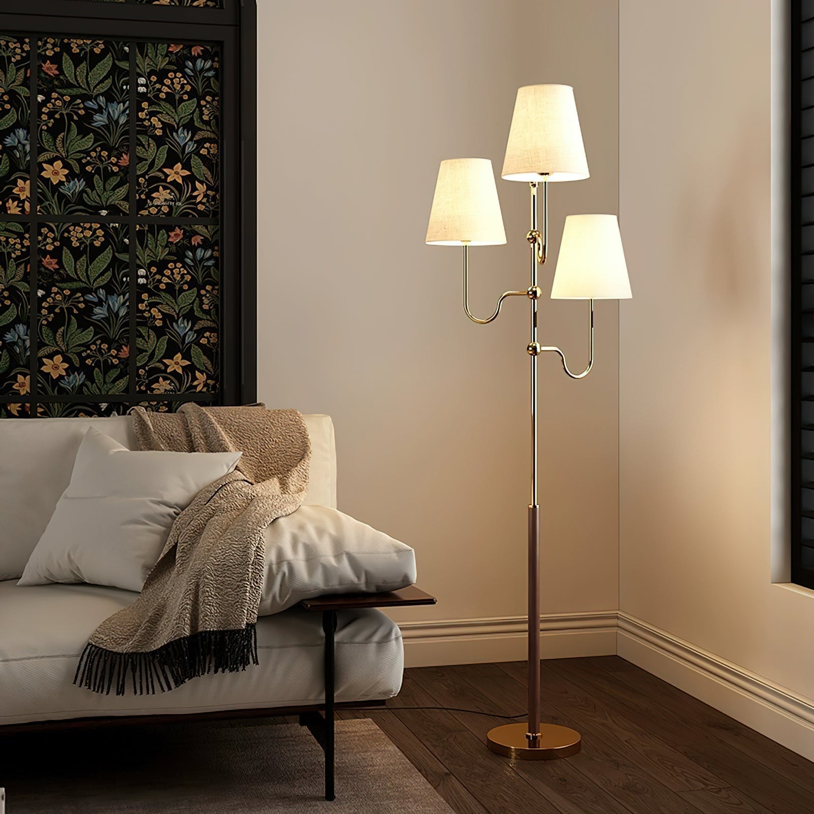Modern Triple Shade Serenade Floor Lamp with Walnut Wood and Gold Iron Base