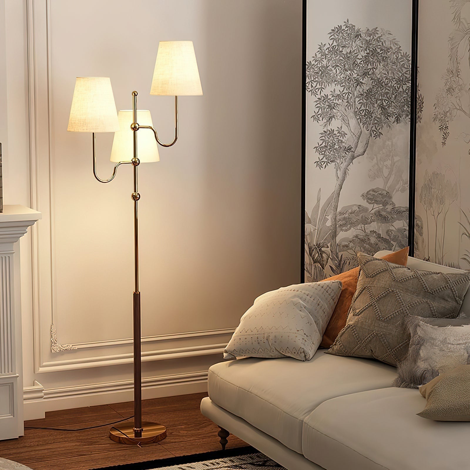 Modern Triple Shade Serenade Floor Lamp with Walnut Wood and Gold Iron Base