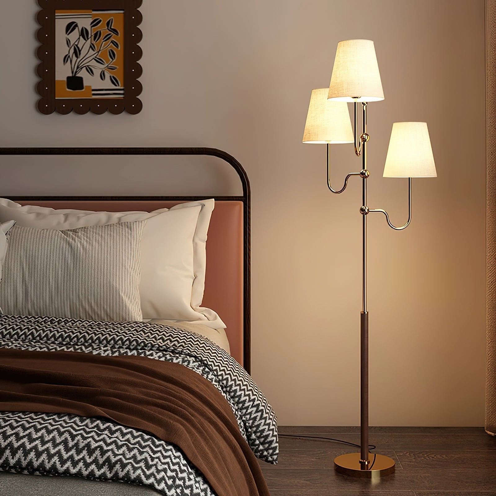 Modern Triple Shade Serenade Floor Lamp with Walnut Wood and Gold Iron Base