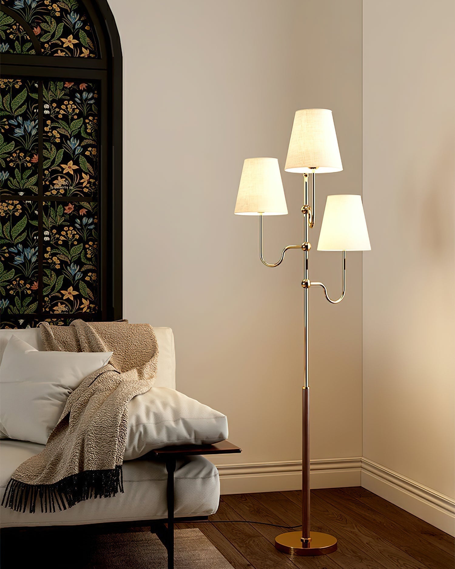 Modern Triple Shade Serenade Floor Lamp with Walnut Wood and Gold Iron Base