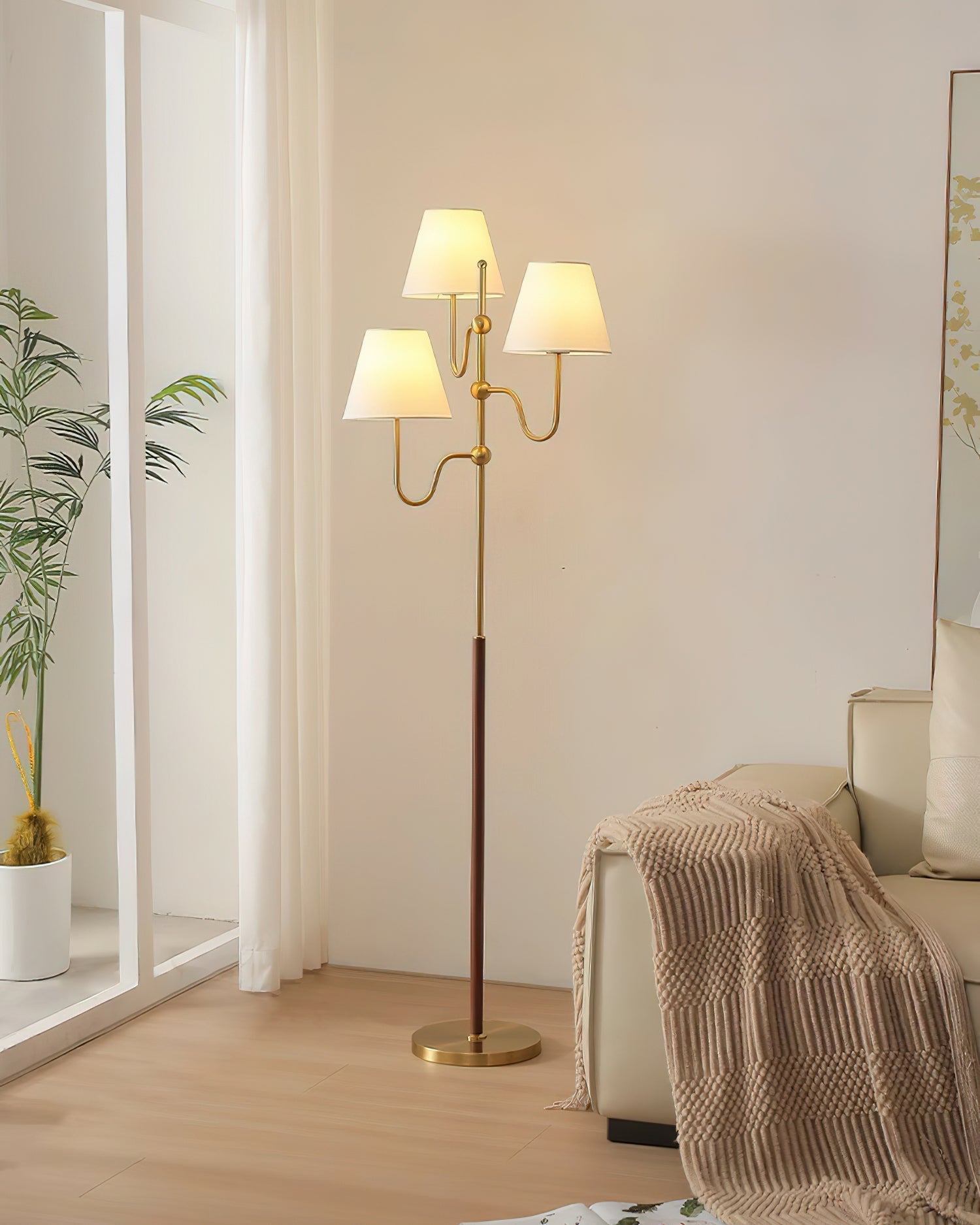 Modern Triple Shade Serenade Floor Lamp with Walnut Wood and Gold Iron Base