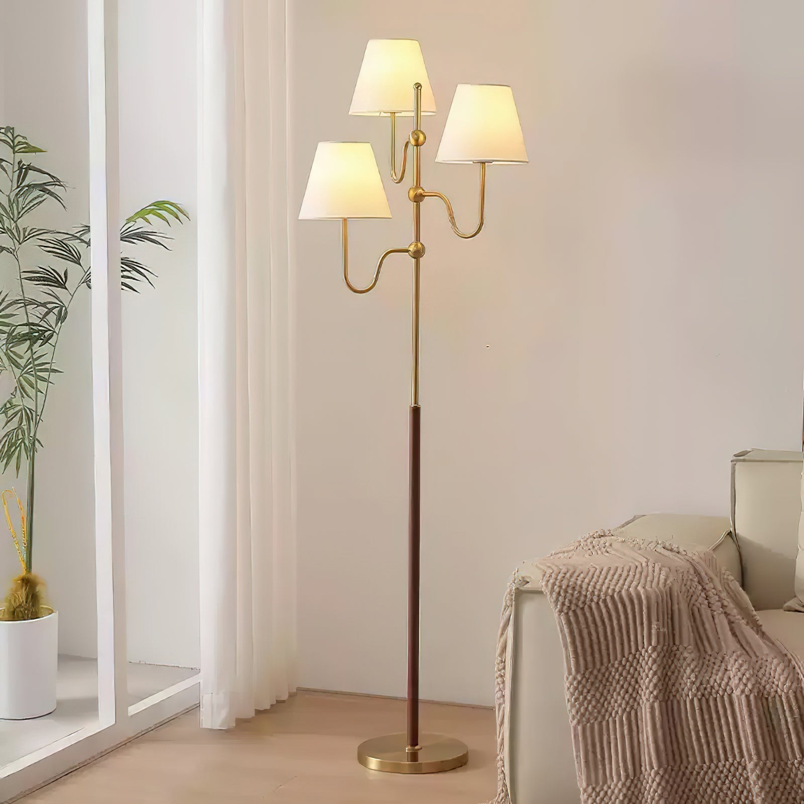 Modern Triple Shade Serenade Floor Lamp with Walnut Wood and Gold Iron Base