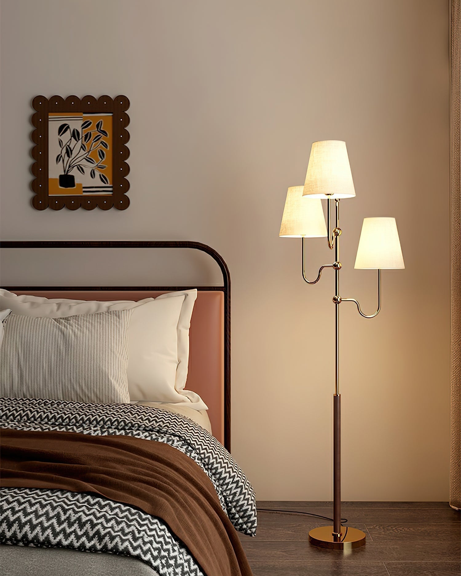 Modern Triple Shade Serenade Floor Lamp with Walnut Wood and Gold Iron Base