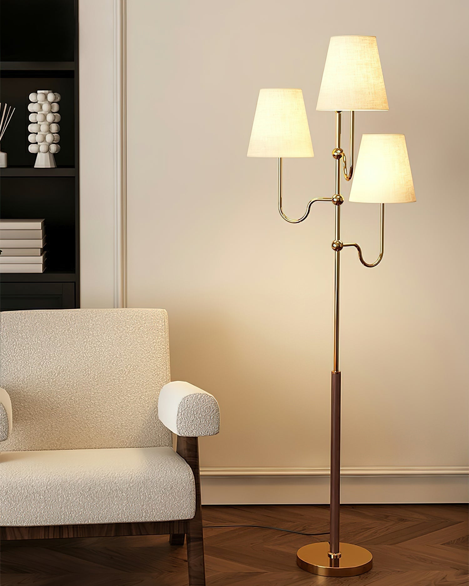 Modern Triple Shade Serenade Floor Lamp with Walnut Wood and Gold Iron Base