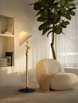 Serpentine Twist Rotating Wooden Floor Lamp Modern Geometric Standing Light with Fabric Shade