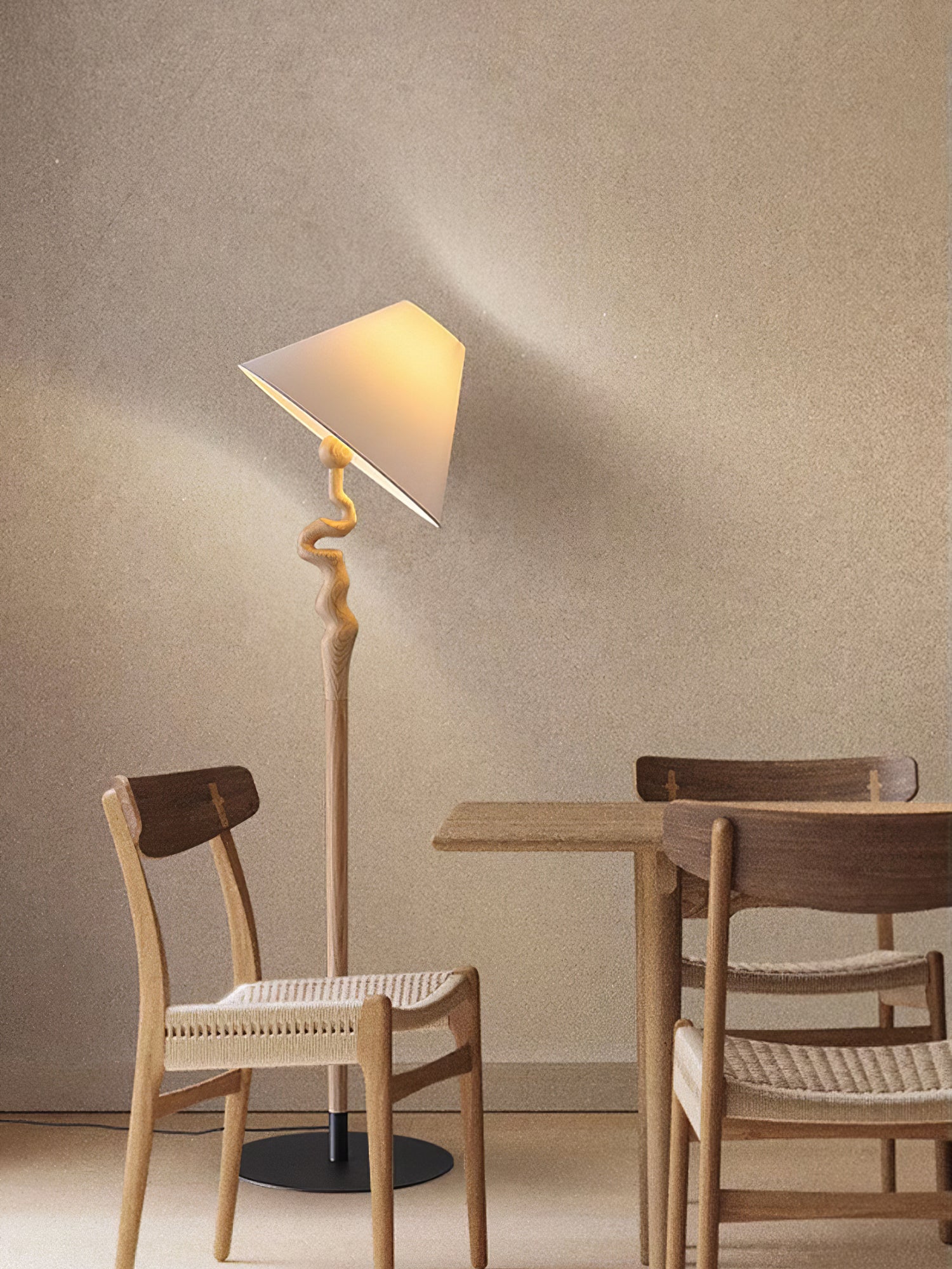 Serpentine Twist Rotating Wooden Floor Lamp Modern Geometric Standing Light with Fabric Shade