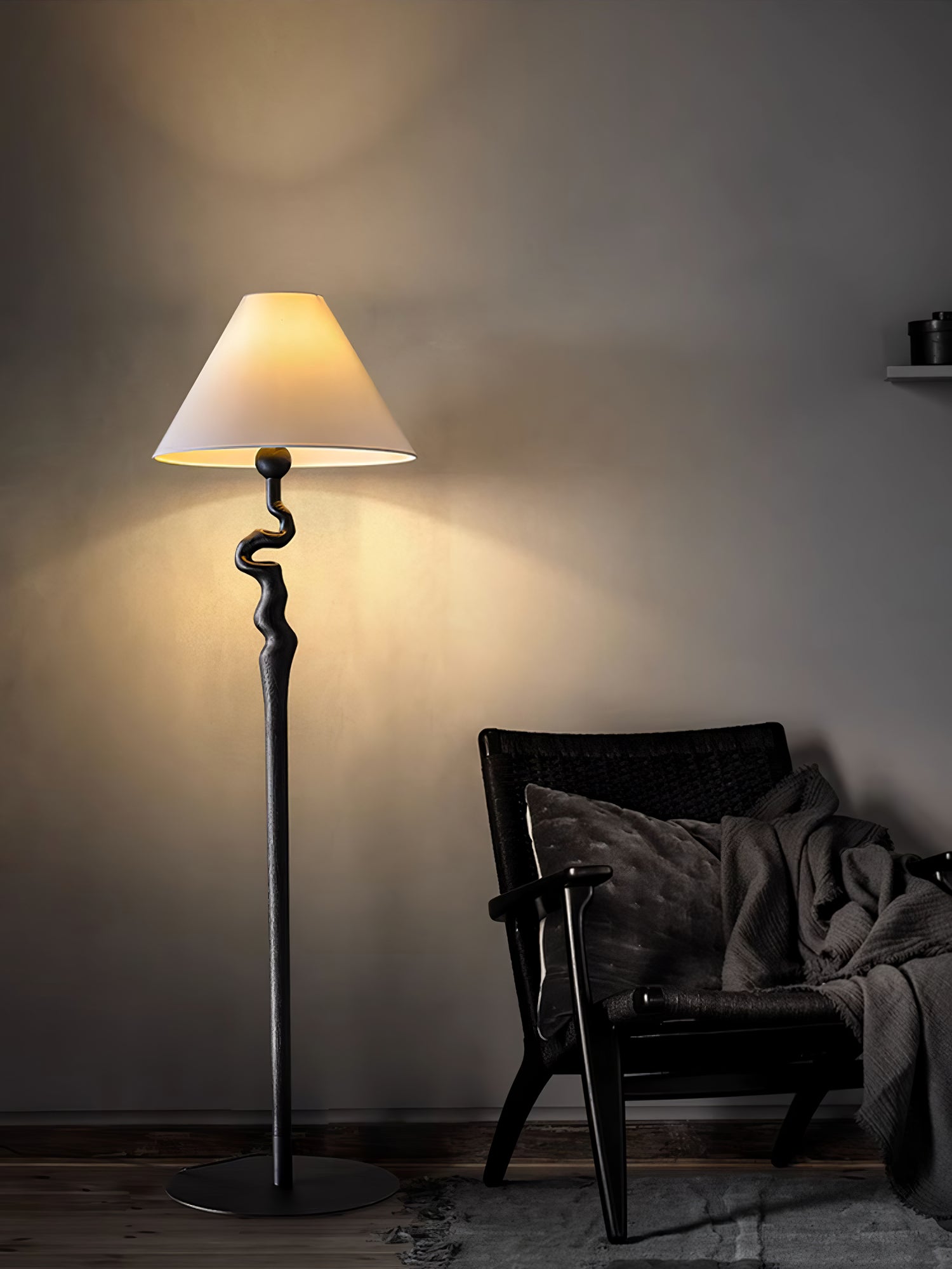 Serpentine Twist Rotating Wooden Floor Lamp Modern Geometric Standing Light with Fabric Shade