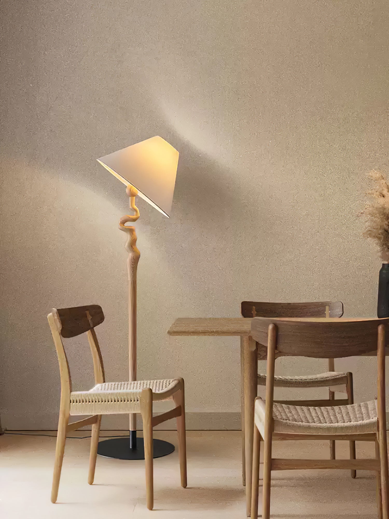 Serpentine Twist Rotating Wooden Floor Lamp Modern Geometric Standing Light with Fabric Shade