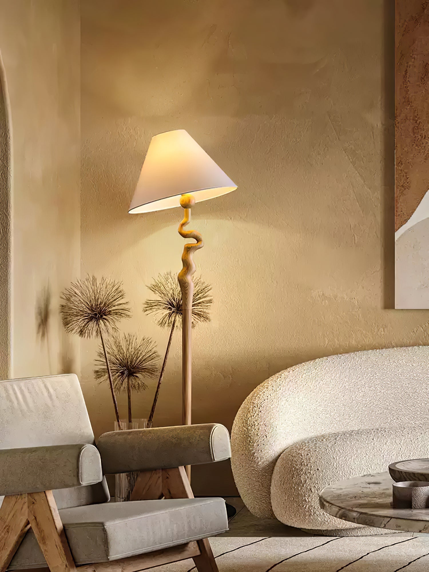 Serpentine Twist Rotating Wooden Floor Lamp Modern Geometric Standing Light with Fabric Shade