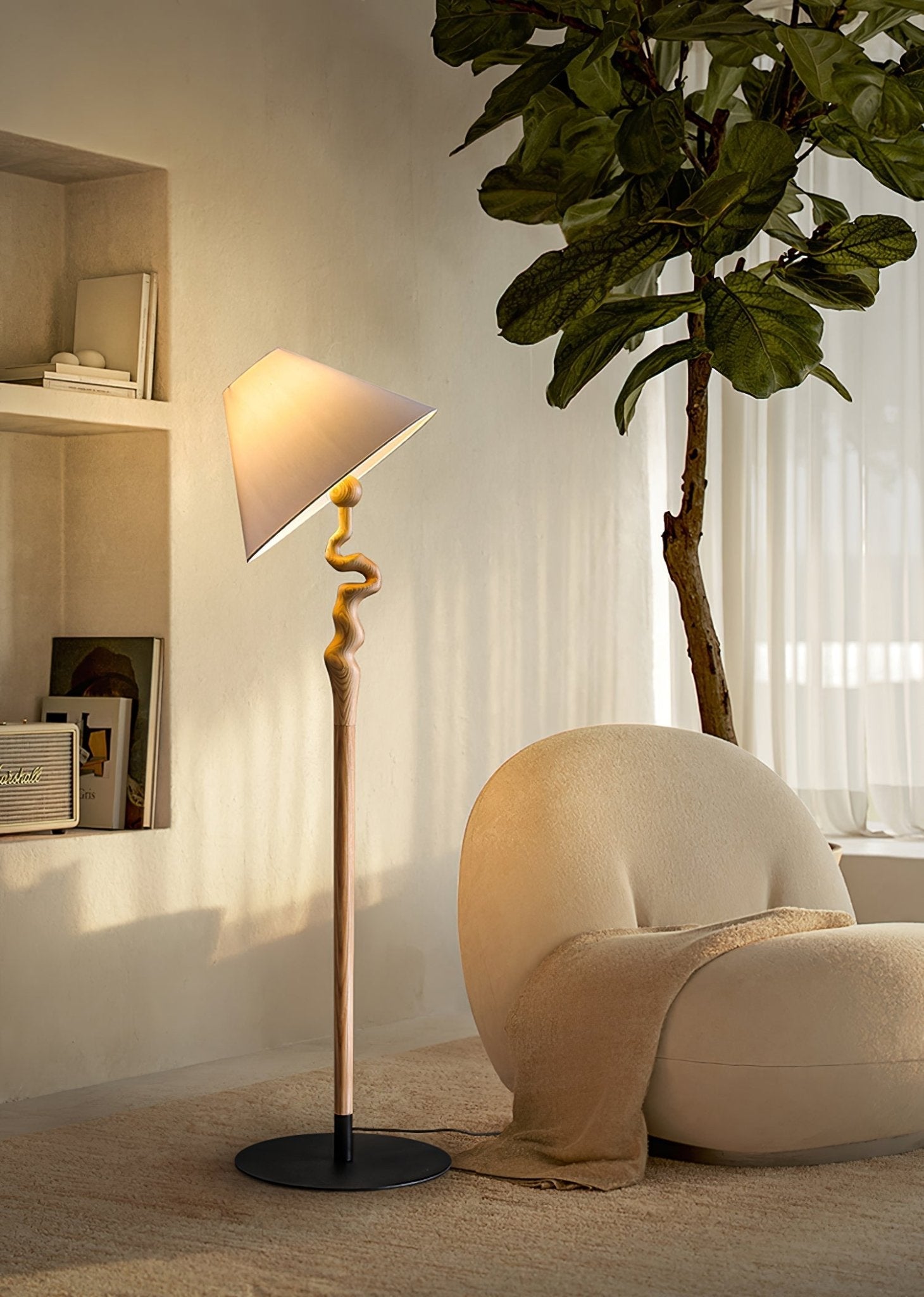Serpentine Twist Rotating Wooden Floor Lamp Modern Geometric Standing Light with Fabric Shade