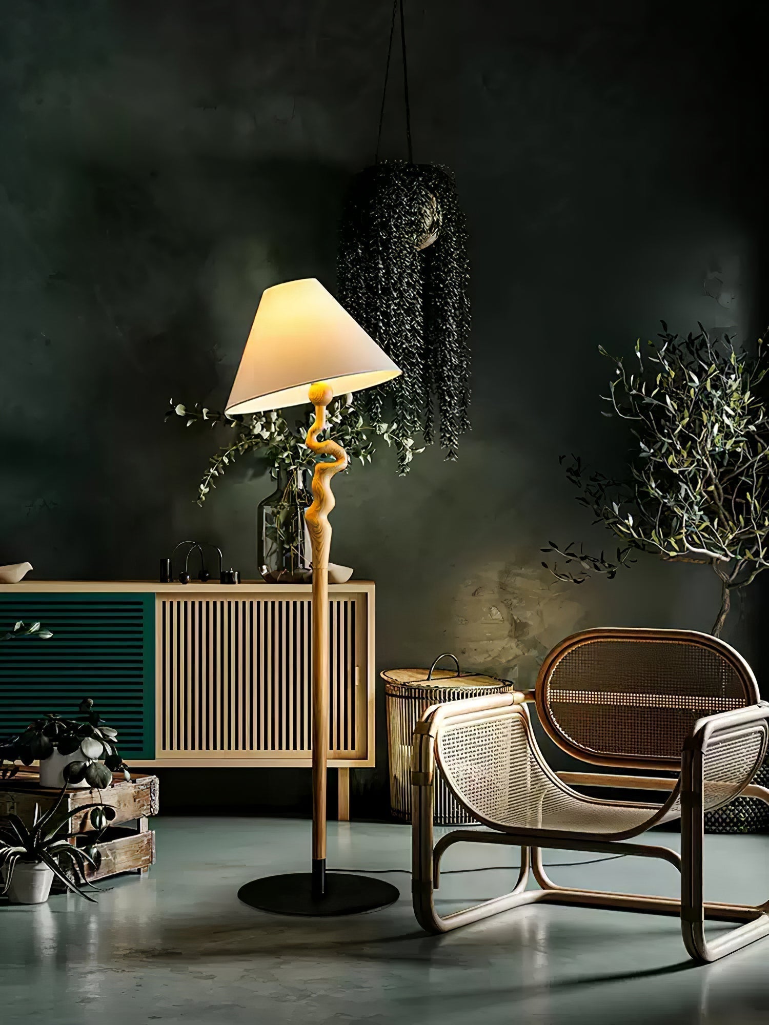 Serpentine Twist Rotating Wooden Floor Lamp Modern Geometric Standing Light with Fabric Shade