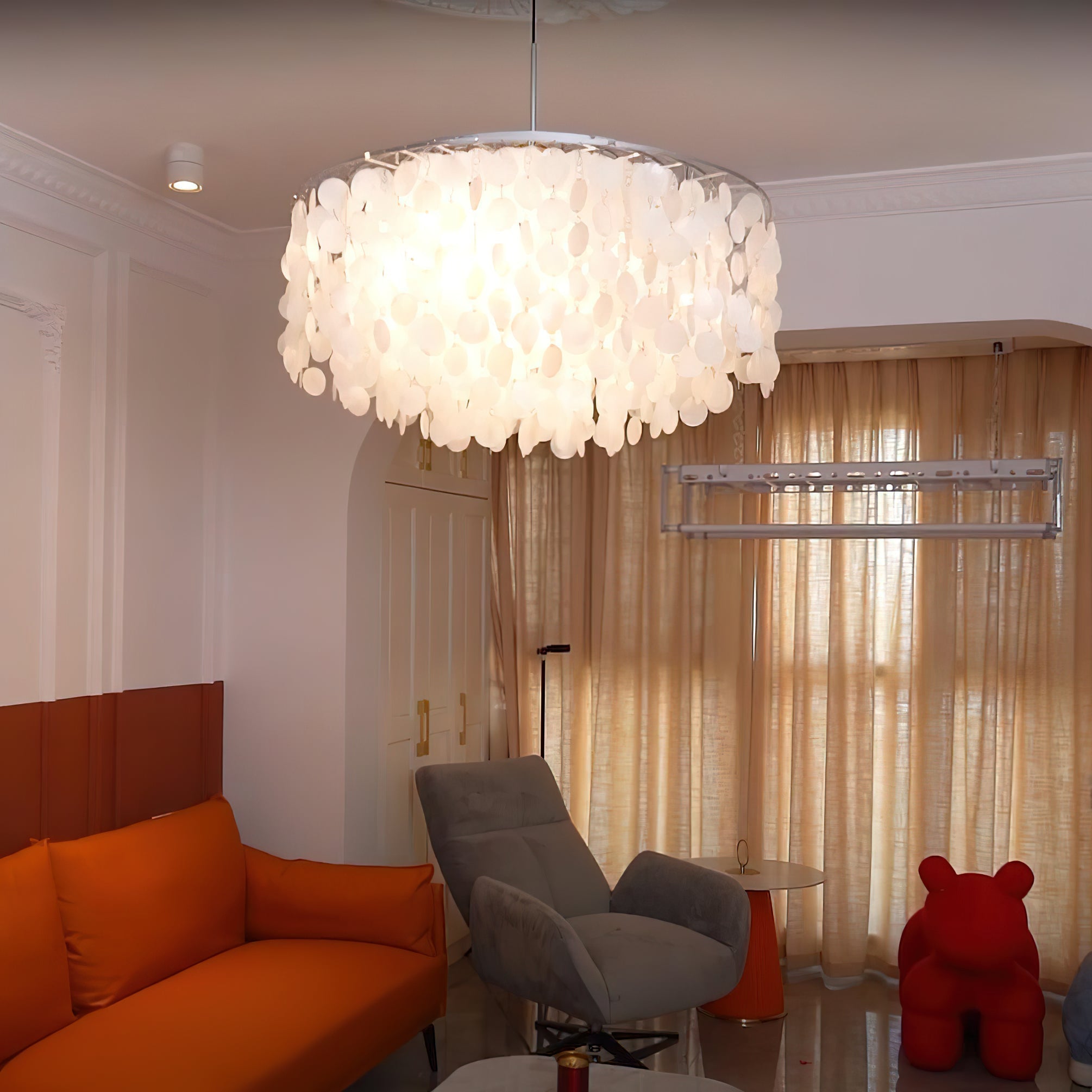 Modern Round Shell Pendant Light Coastal Chandelier for Living Room and Bedroom