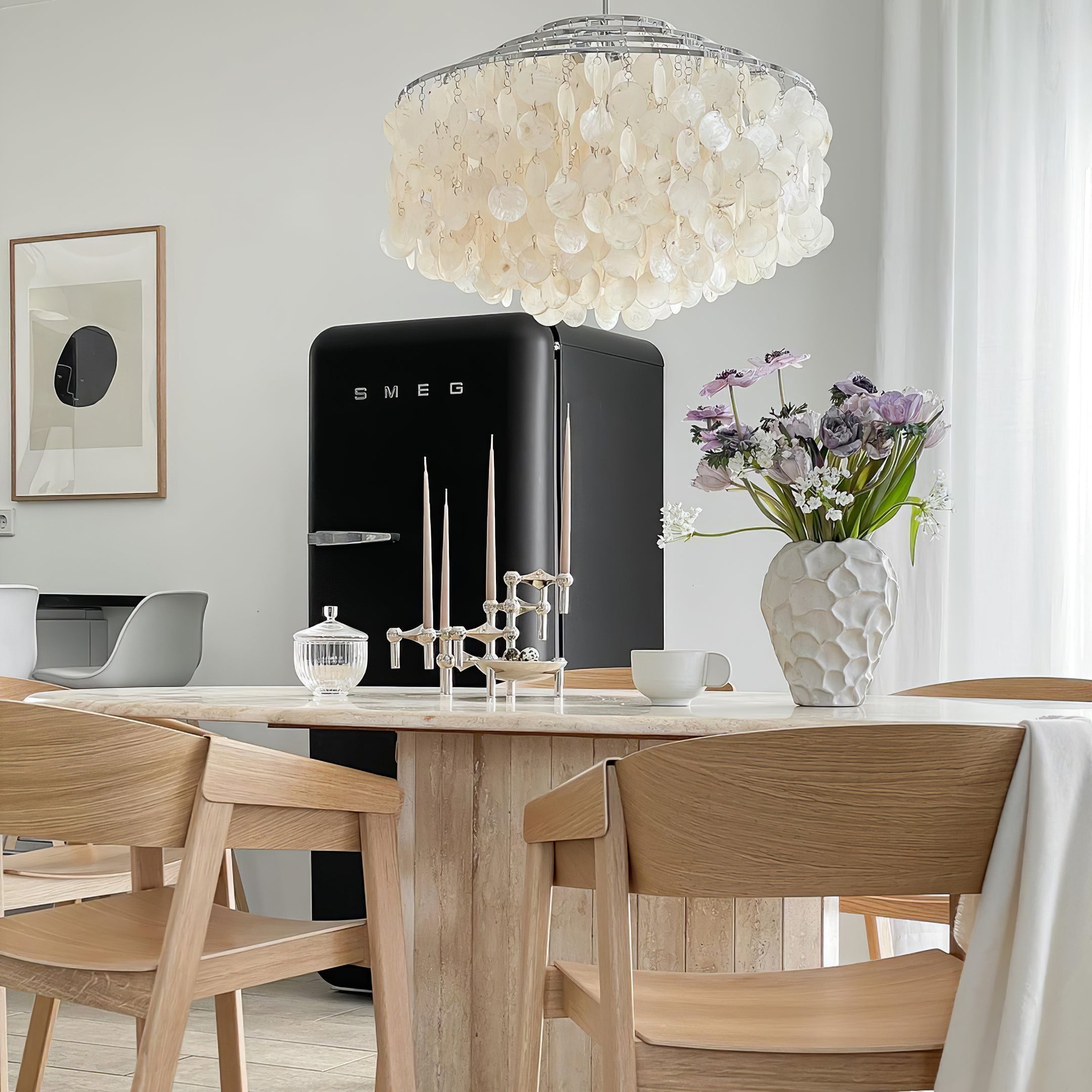 Modern Round Shell Pendant Light Coastal Chandelier for Living Room and Bedroom