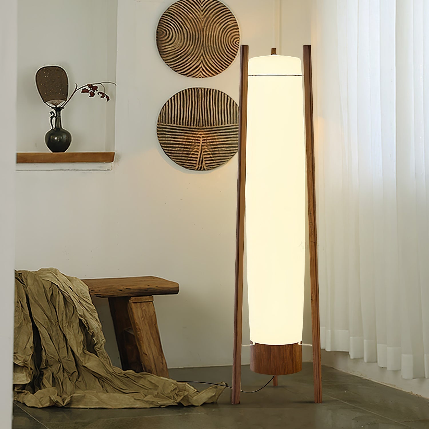 Modern Walnut Wood Column LED Floor Lamp with Acrylic Diffuser Standing Light