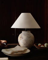 Rustic Stone Texture Terracotta Table Lamp with Beige Fabric Shade