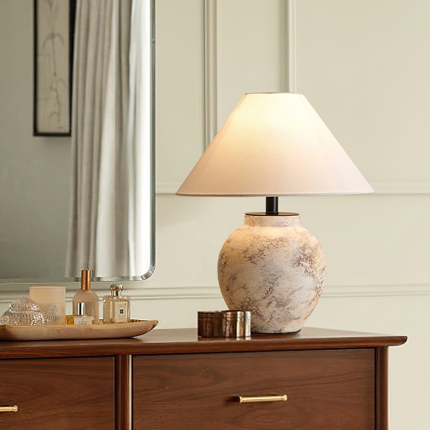 Rustic Stone Texture Terracotta Table Lamp with Beige Fabric Shade