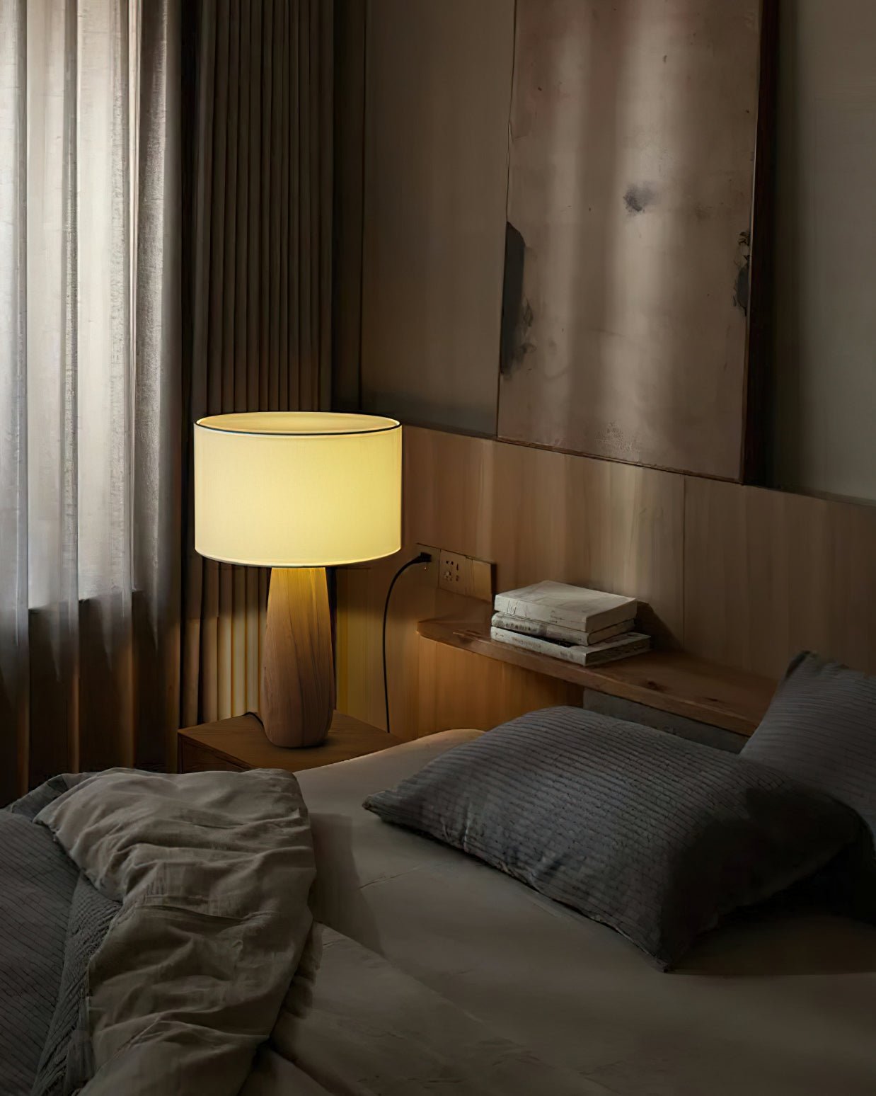 Sierra Wooden Accent Table Lamp with Linen Shade Organic Wood Base Desk Light
