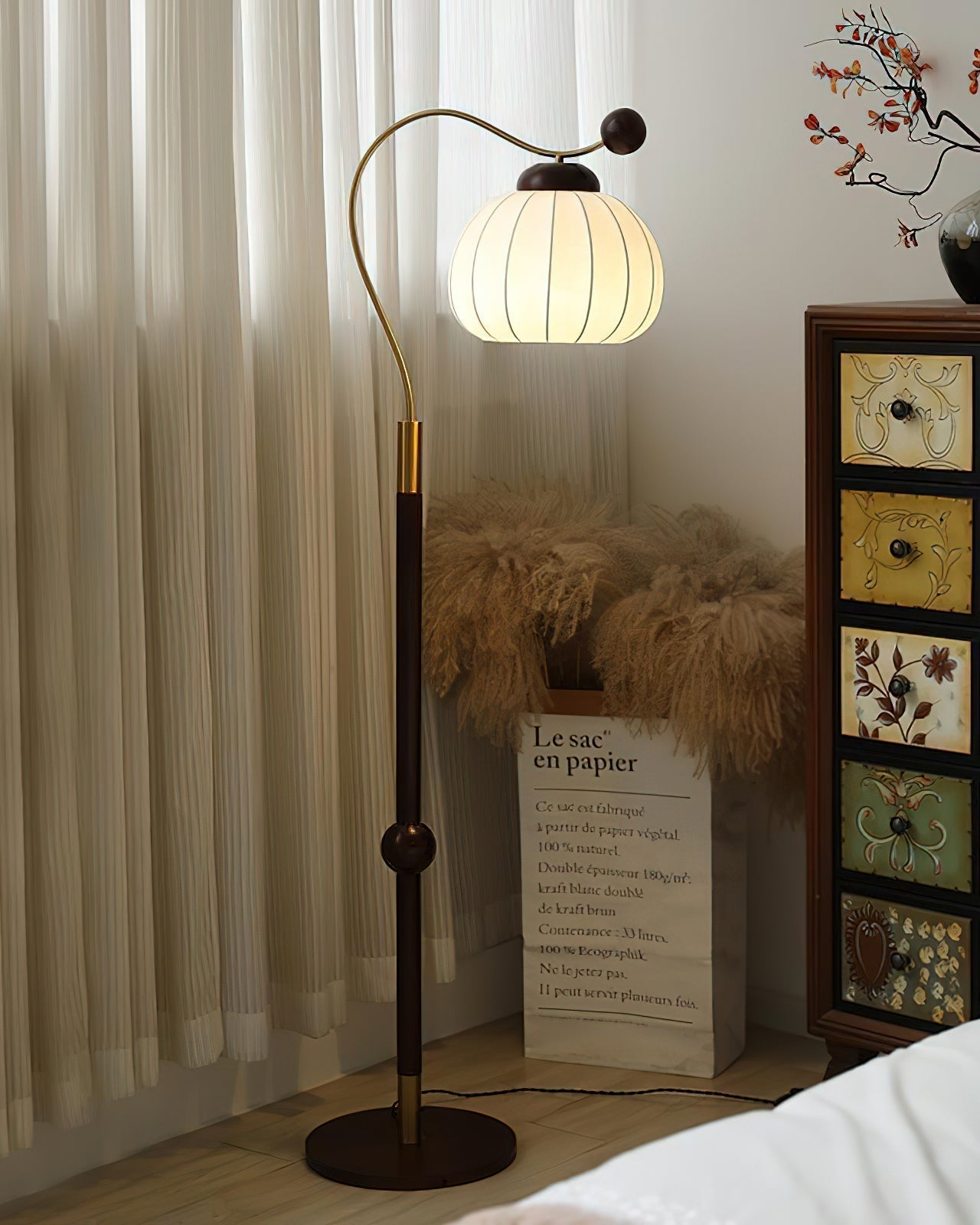 Modern Silk Globe Standing Floor Lamp with Walnut Wood Frame and Soft Ambient Light