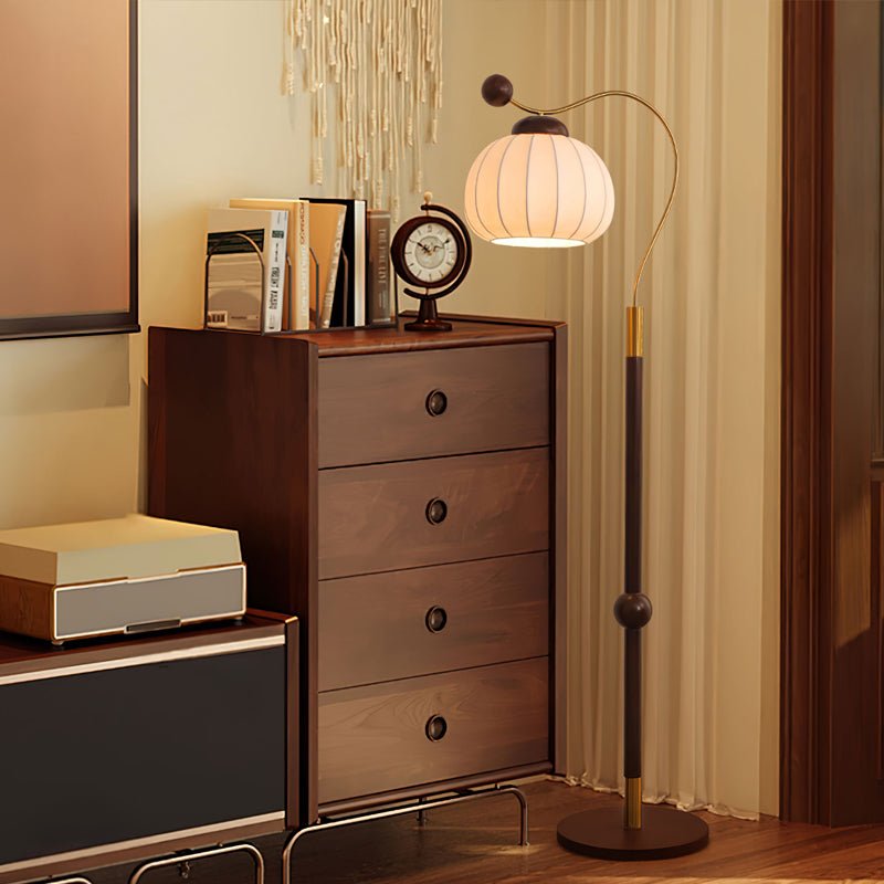 Modern Silk Globe Standing Floor Lamp with Walnut Wood Frame and Soft Ambient Light