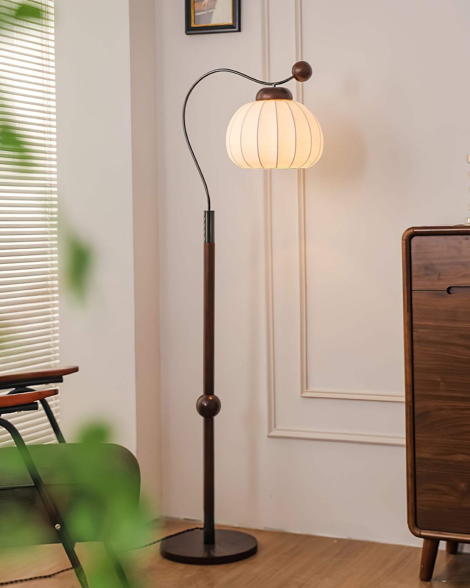 Modern Silk Globe Standing Floor Lamp with Walnut Wood Frame and Soft Ambient Light