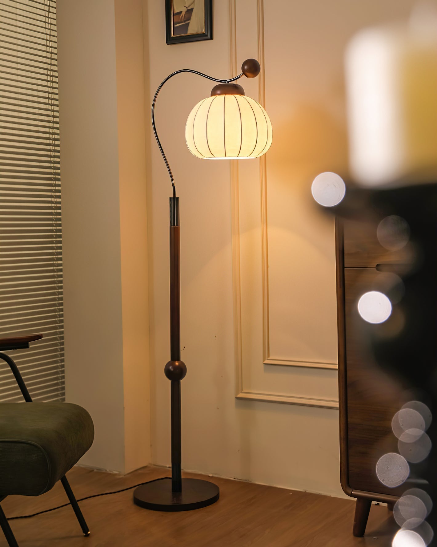 Modern Silk Globe Standing Floor Lamp with Walnut Wood Frame and Soft Ambient Light