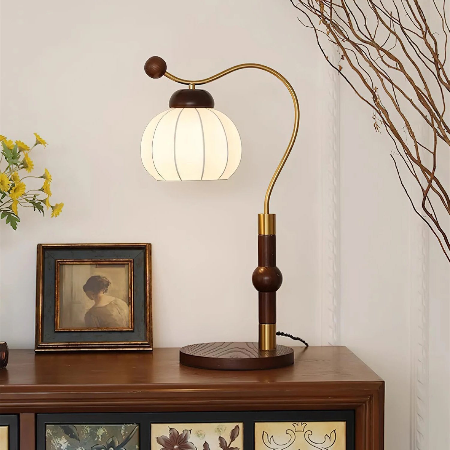 Modern Silk Globe Table Lamp with Walnut Wood Base and Gold Hardware