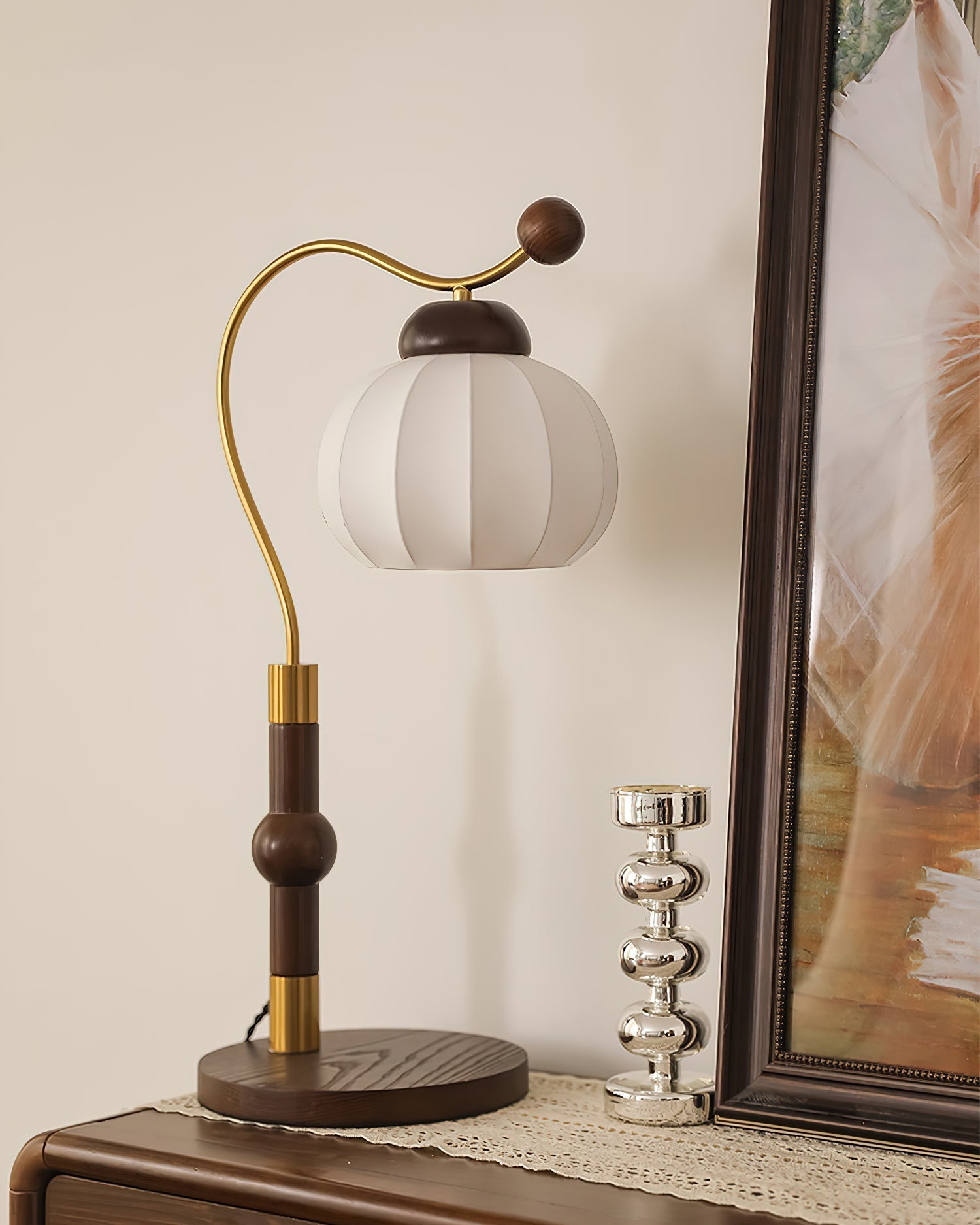 Modern Silk Globe Table Lamp with Walnut Wood Base and Gold Hardware