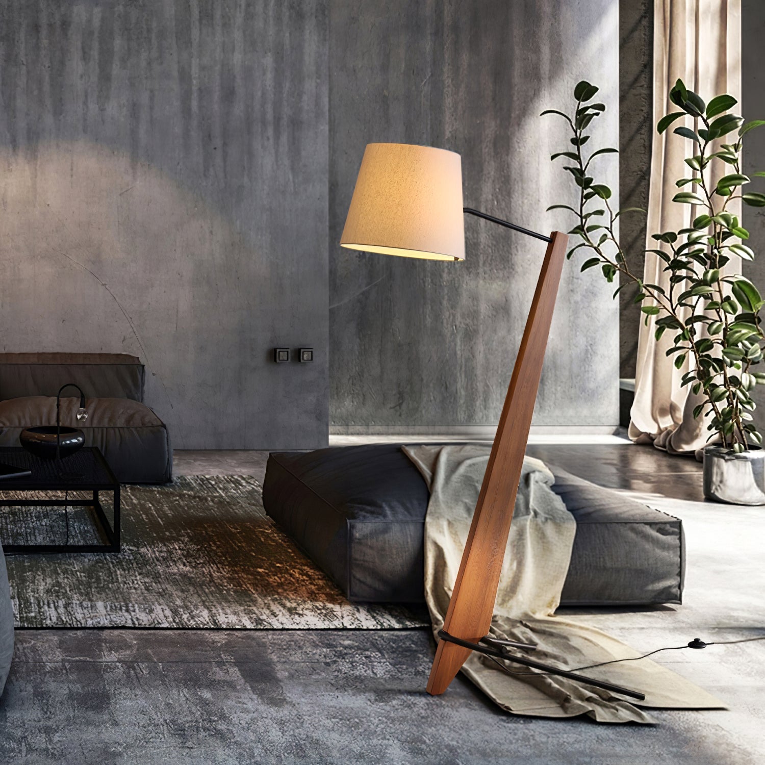 Modern Silva Giant Architectural Wood Floor Lamp with Fabric Shade