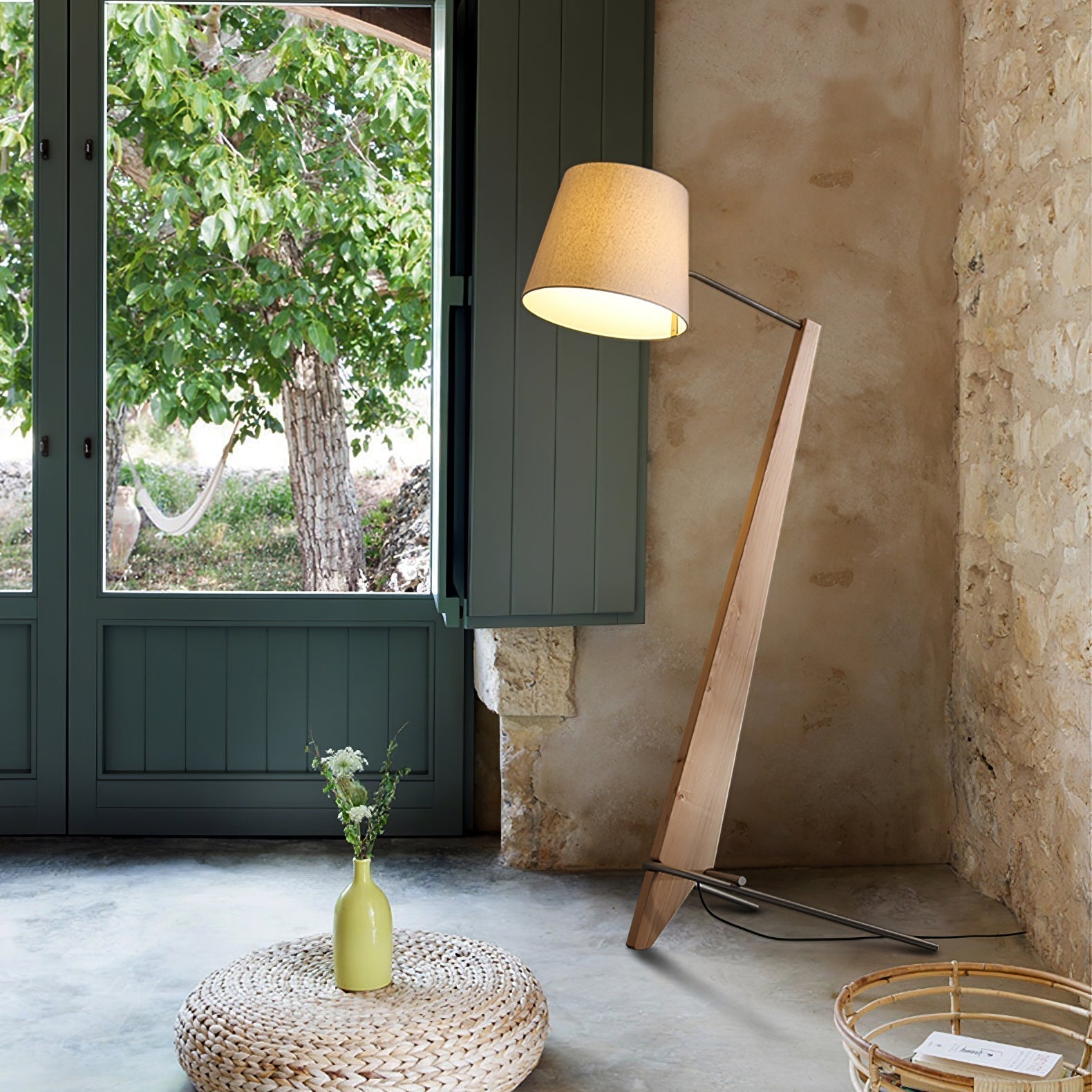 Modern Silva Giant Architectural Wood Floor Lamp with Fabric Shade