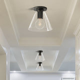 Modern Industrial Brass Flush Mount Ceiling Light with Clear Glass Shade and Knurled Detail