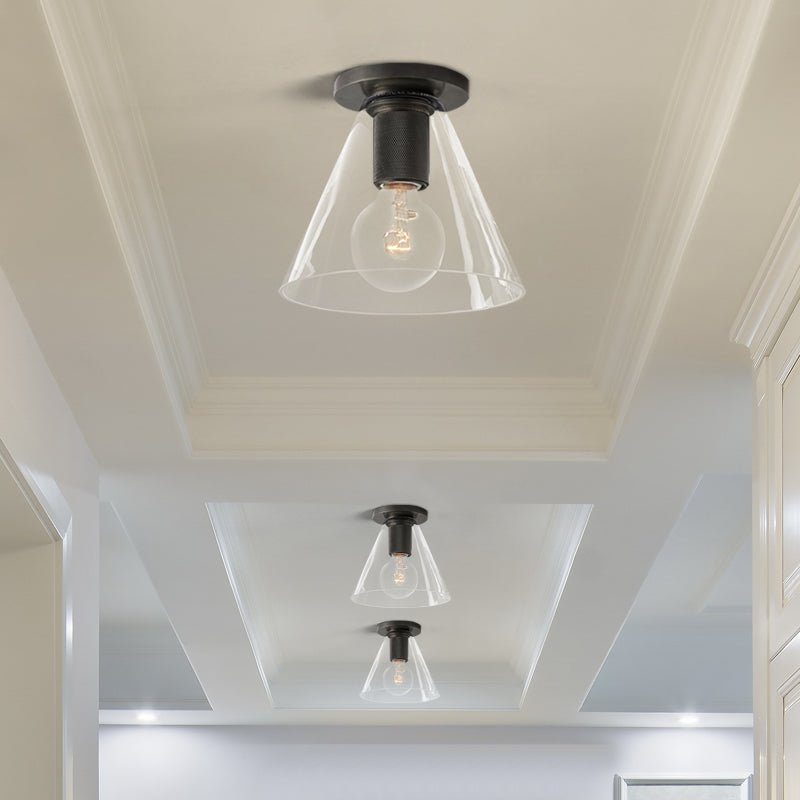 Modern Industrial Brass Flush Mount Ceiling Light with Clear Glass Shade and Knurled Detail