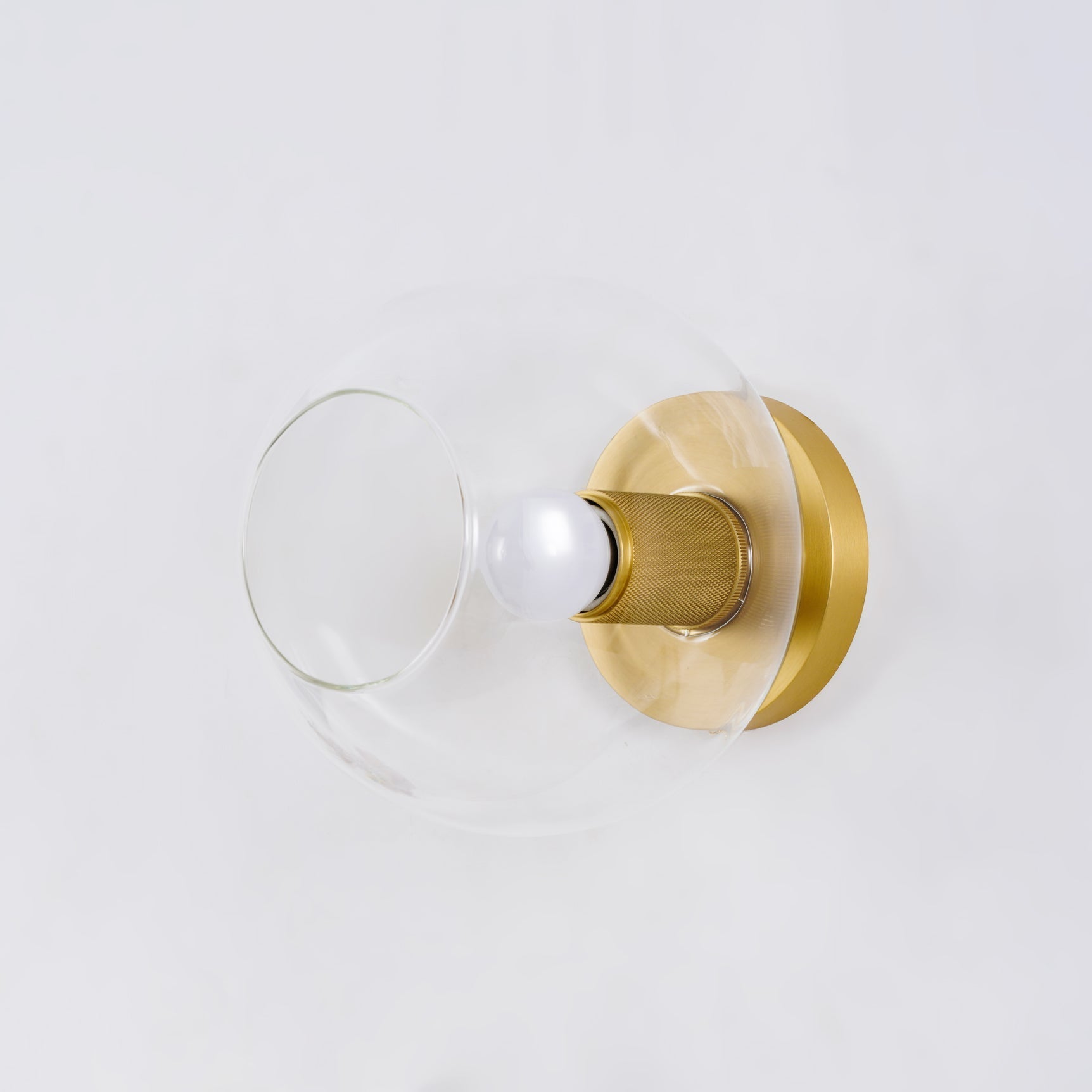 Modern Industrial Brass Flush Mount Ceiling Light with Clear Glass Shade and Knurled Detail
