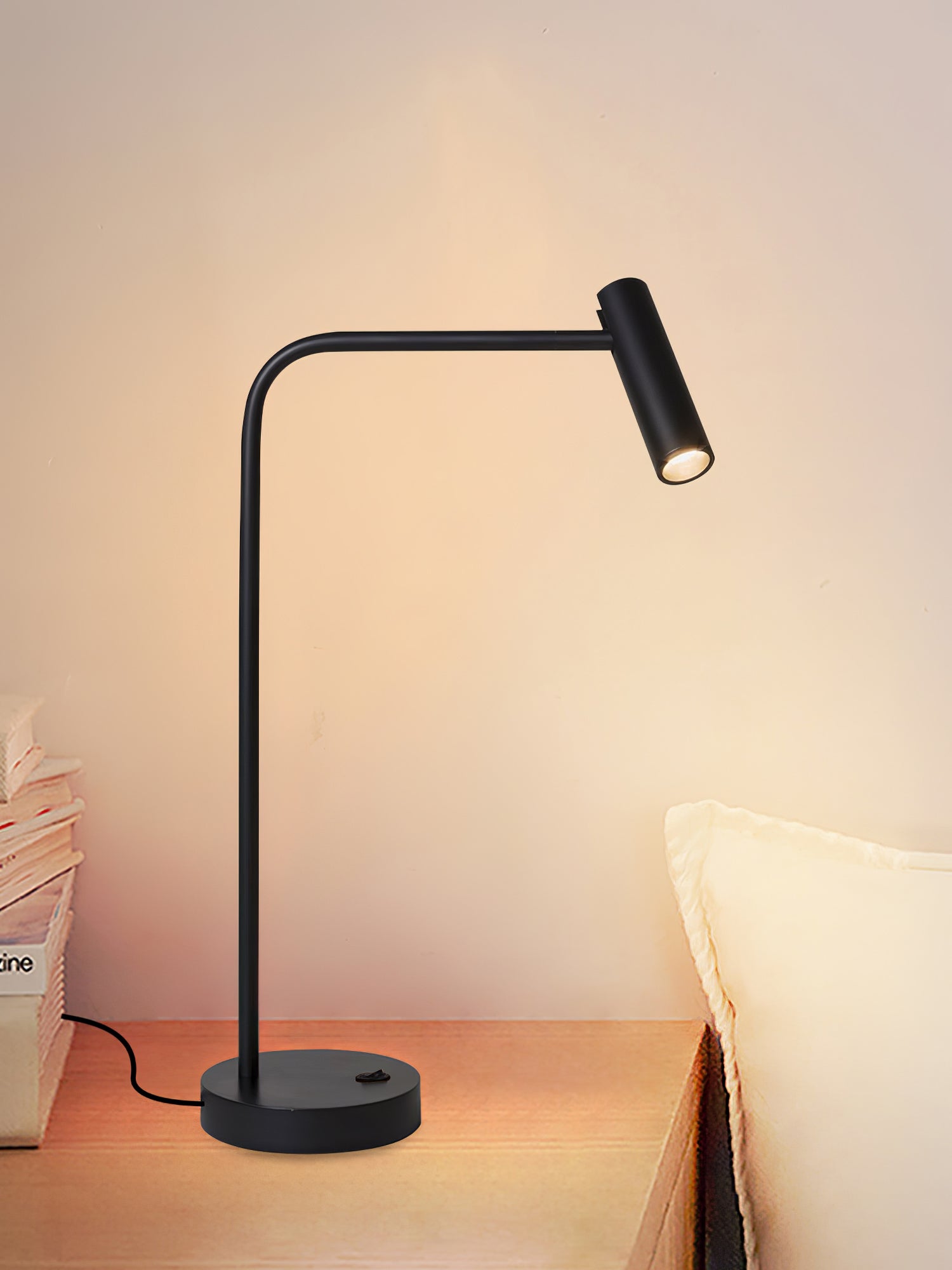 Contemporary Skinny LED Bedside Table Lamp with Slender Cylindrical Light in Metal
