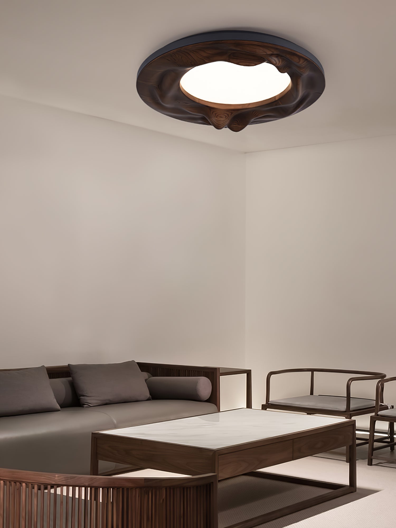 Modern Organic Circular Wood Flush Mount LED Ceiling Light for Living Room Bedroom
