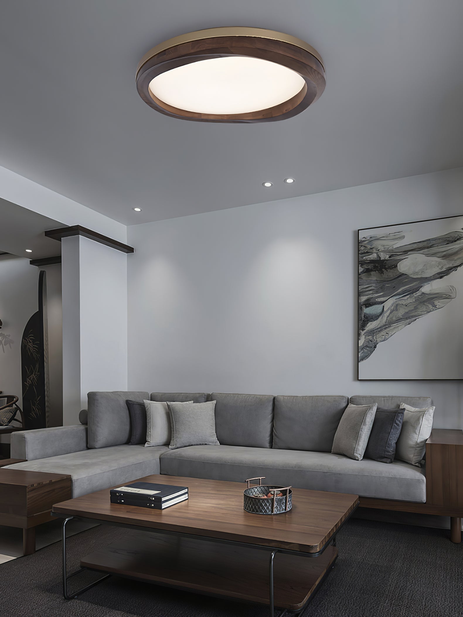 Modern Organic Circular Wood Flush Mount LED Ceiling Light for Living Room Bedroom