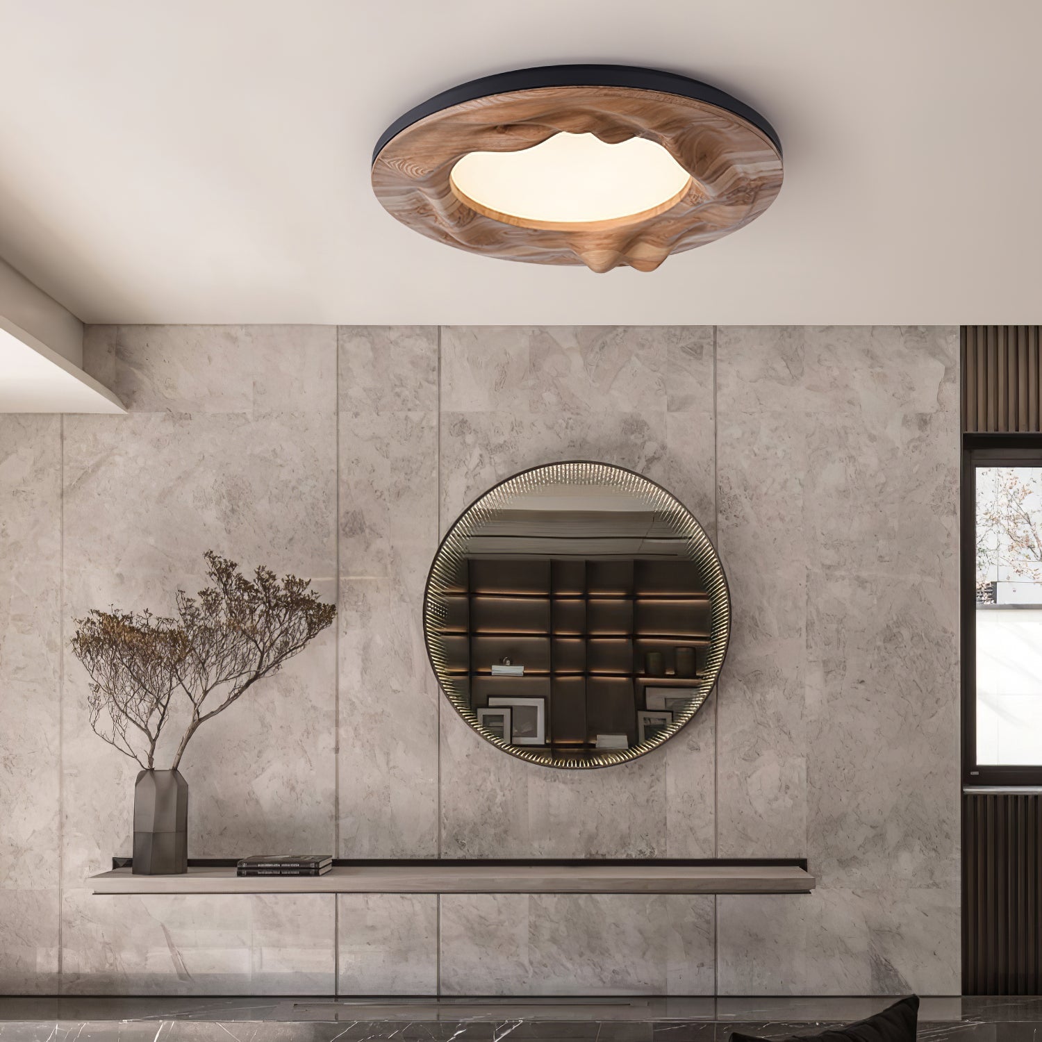 Modern Organic Circular Wood Flush Mount LED Ceiling Light for Living Room Bedroom