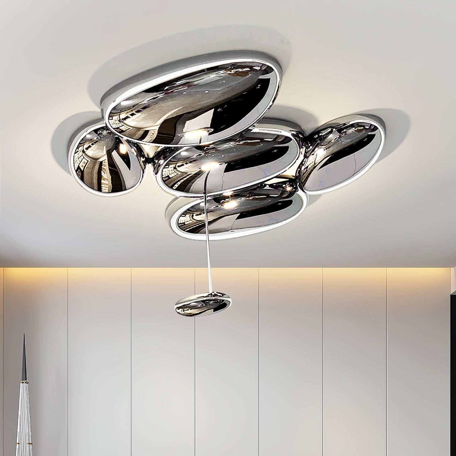 Modern Chrome Pebble LED Ceiling Light Biomorphic Reflective Flush Mount Lamp
