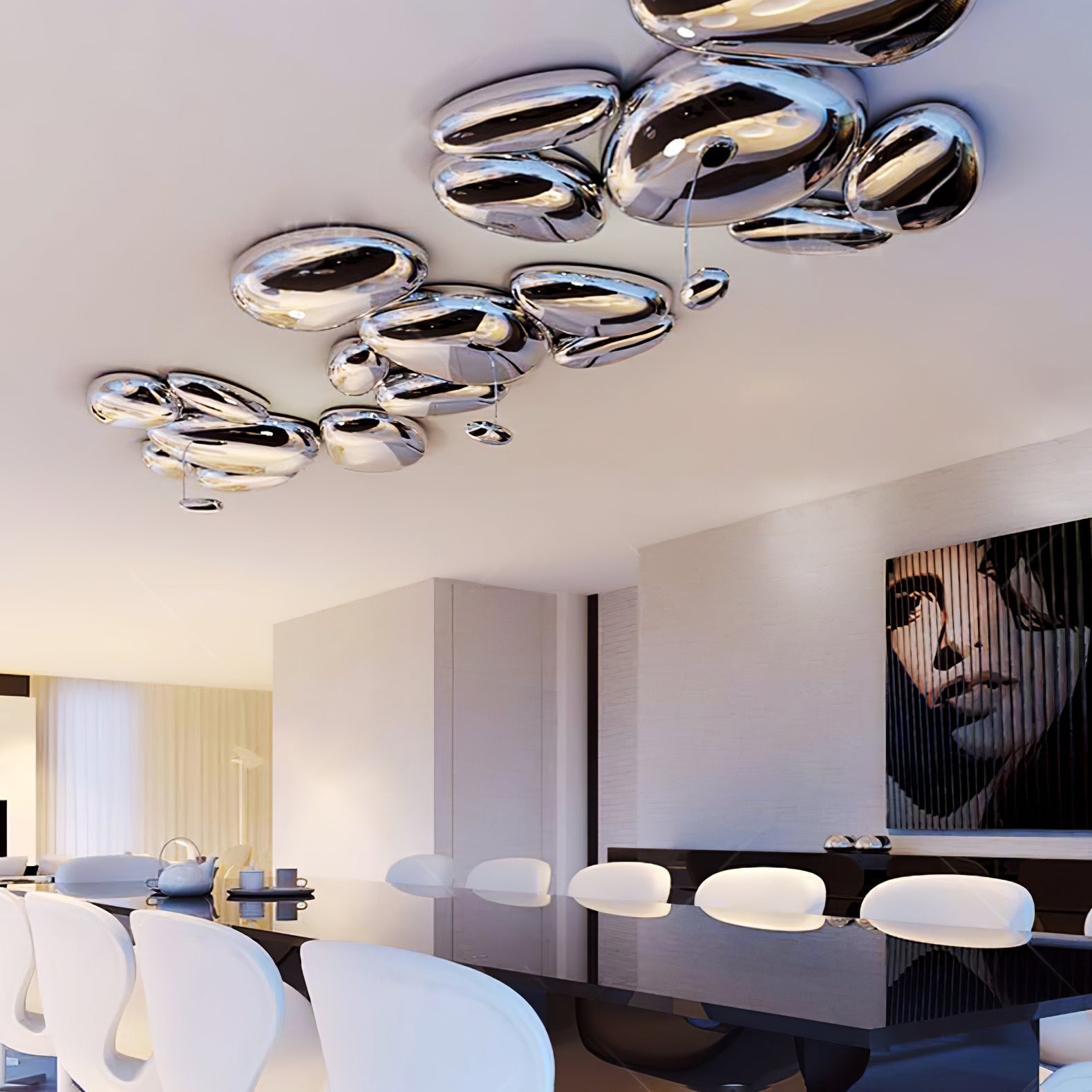 Modern Chrome Pebble LED Ceiling Light Biomorphic Reflective Flush Mount Lamp