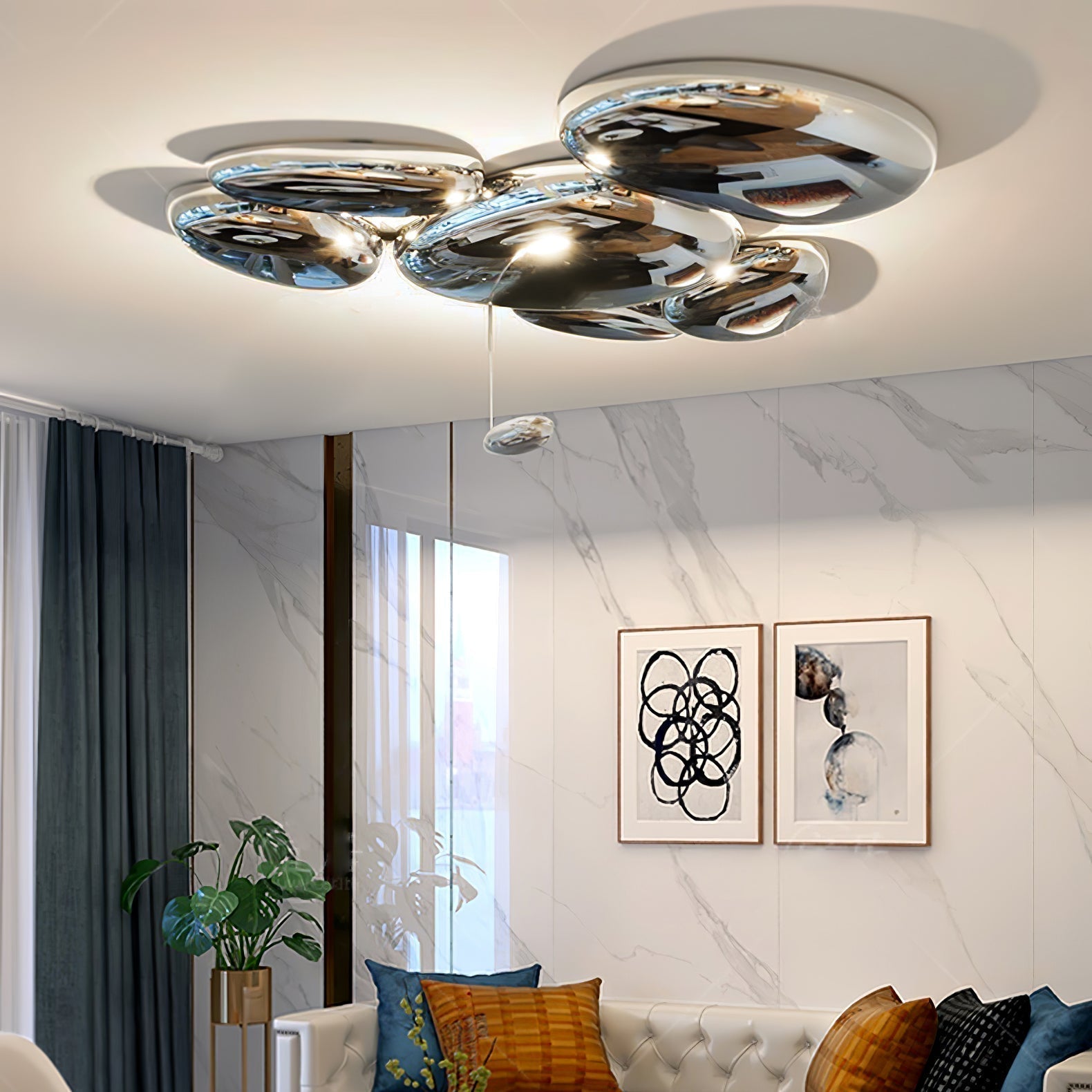 Modern Chrome Pebble LED Ceiling Light Biomorphic Reflective Flush Mount Lamp