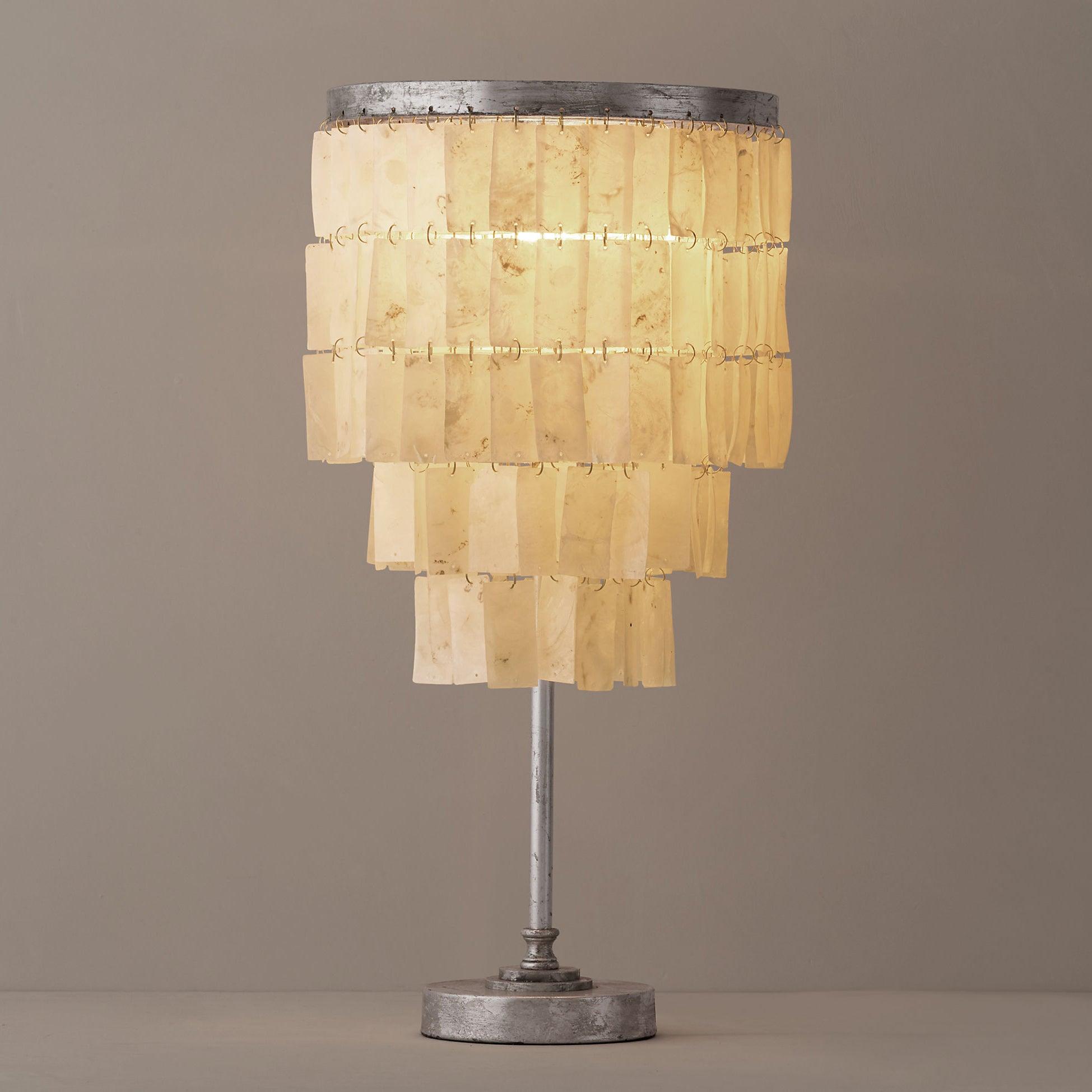 Modern Tiered Natural Shell Table Lamp with Silver Metal Frame for Coastal Decor
