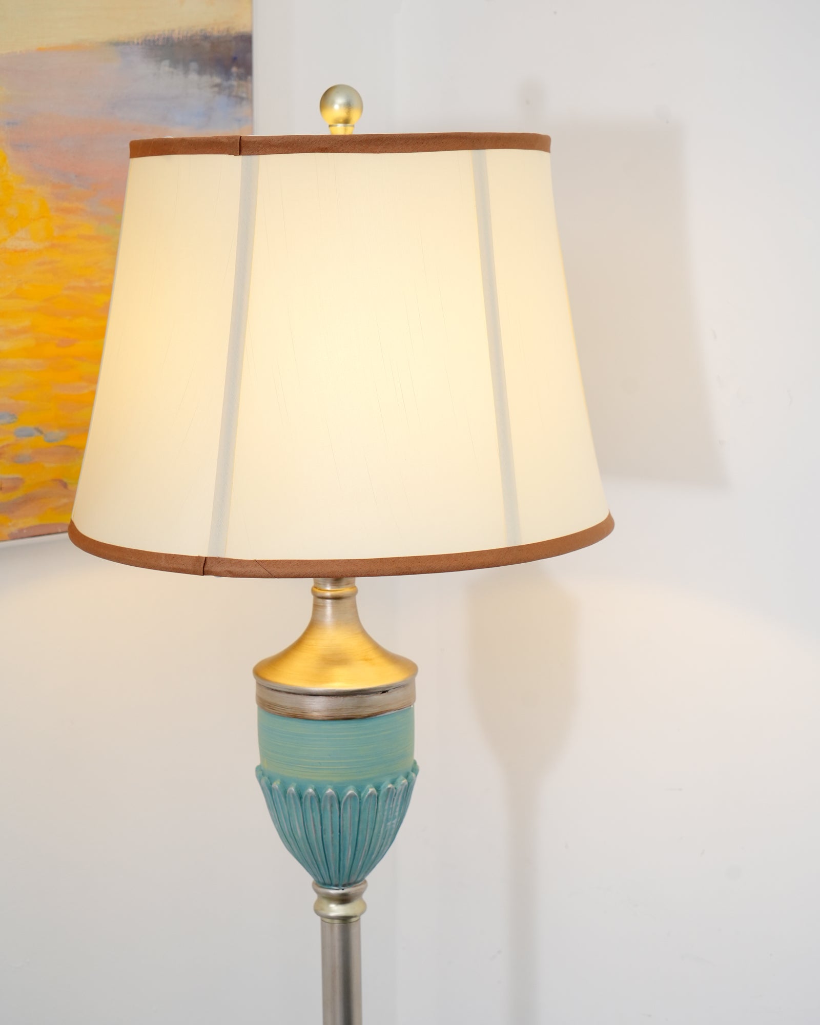Art Deco Resin Floor Lamp with Fluted Base and White Fabric Shade for Home Decor