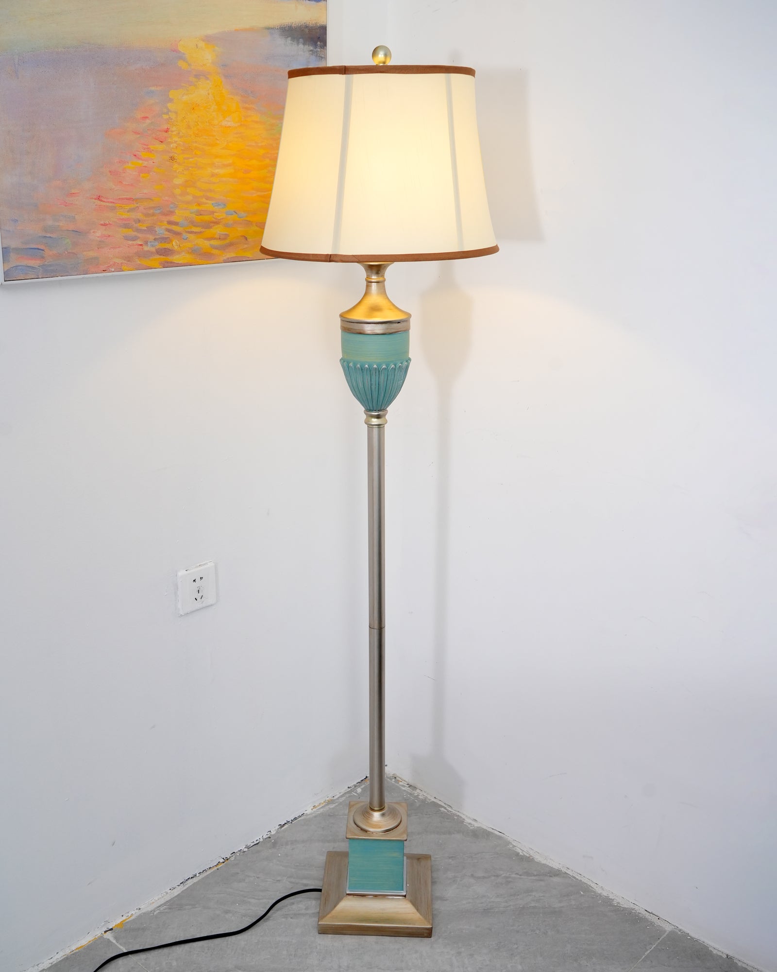 Art Deco Resin Floor Lamp with Fluted Base and White Fabric Shade for Home Decor