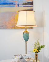 Art Deco Resin Floor Lamp with Fluted Base and White Fabric Shade for Home Decor