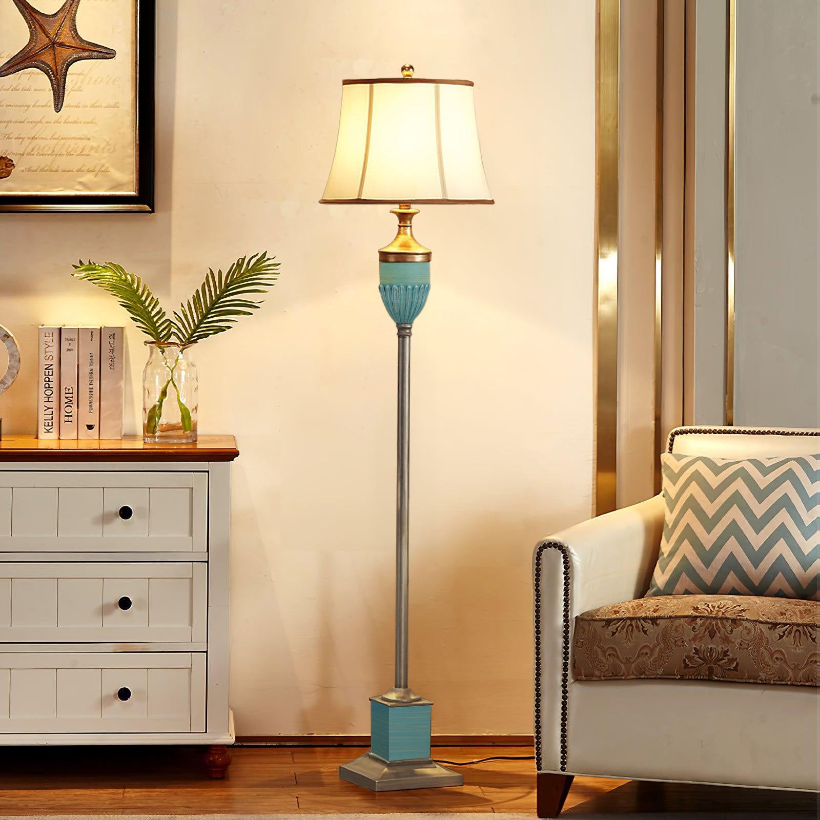 Art Deco Resin Floor Lamp with Fluted Base and White Fabric Shade for Home Decor
