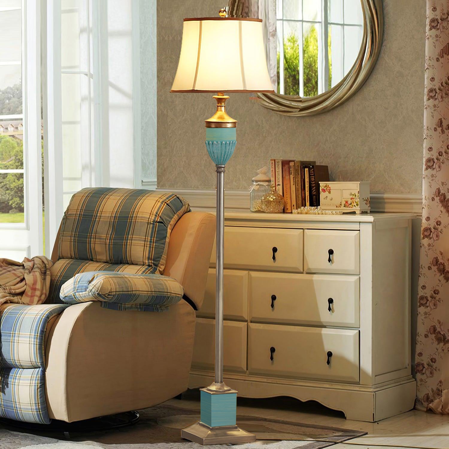 Art Deco Resin Floor Lamp with Fluted Base and White Fabric Shade for Home Decor