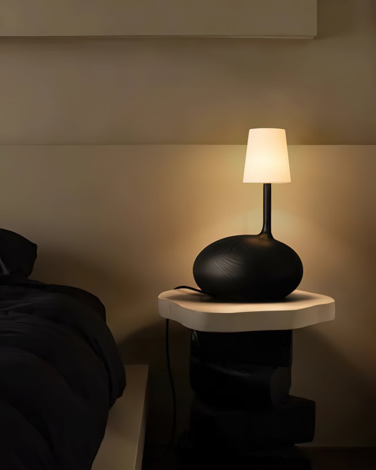 Modern Snail Design Wood Table Lamp with Round Base and White Fabric Shade for Bedroom