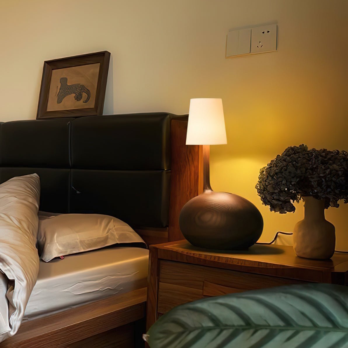 Modern Snail Design Wood Table Lamp with Round Base and White Fabric Shade for Bedroom