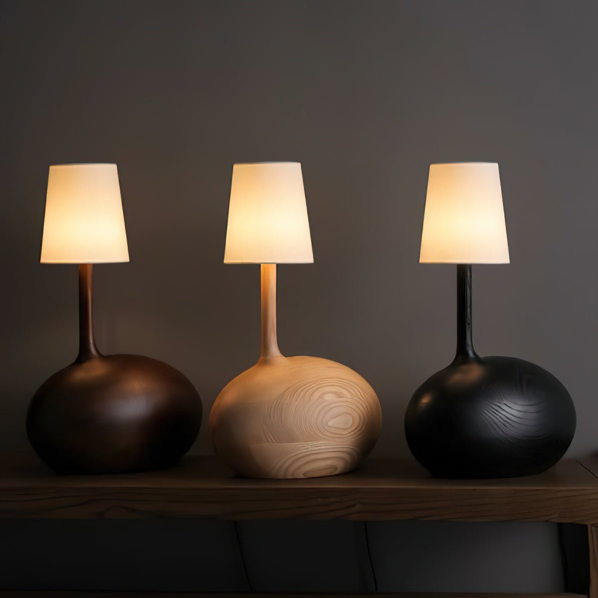 Modern Snail Design Wood Table Lamp with Round Base and White Fabric Shade for Bedroom