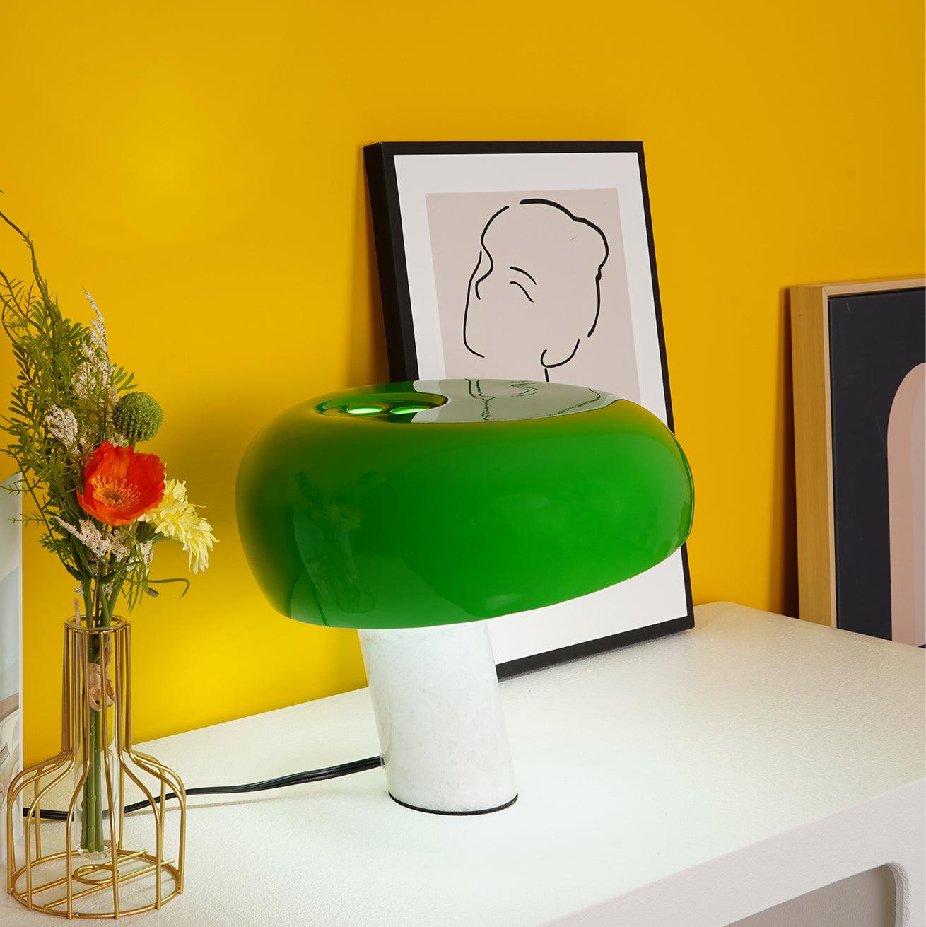 Modern Italian White Carrara Marble Table Lamp with Glazed Metal Mushroom Shade