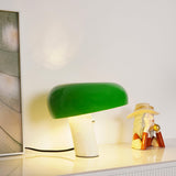 Modern Italian White Carrara Marble Table Lamp with Glazed Metal Mushroom Shade